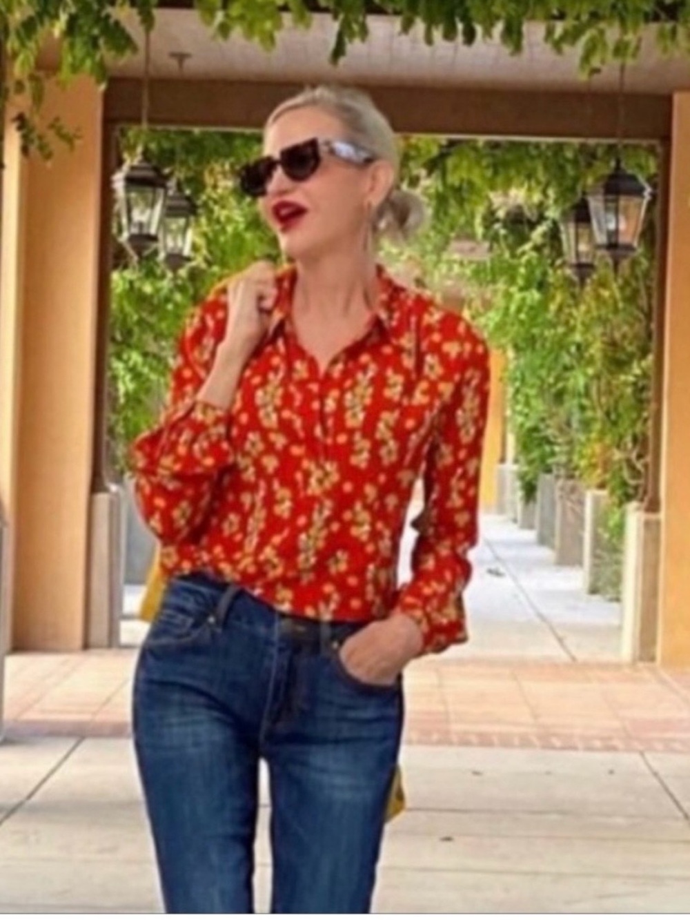 CAbi Style 3947 Belfry Red Floral Button-Down Blouse Size S